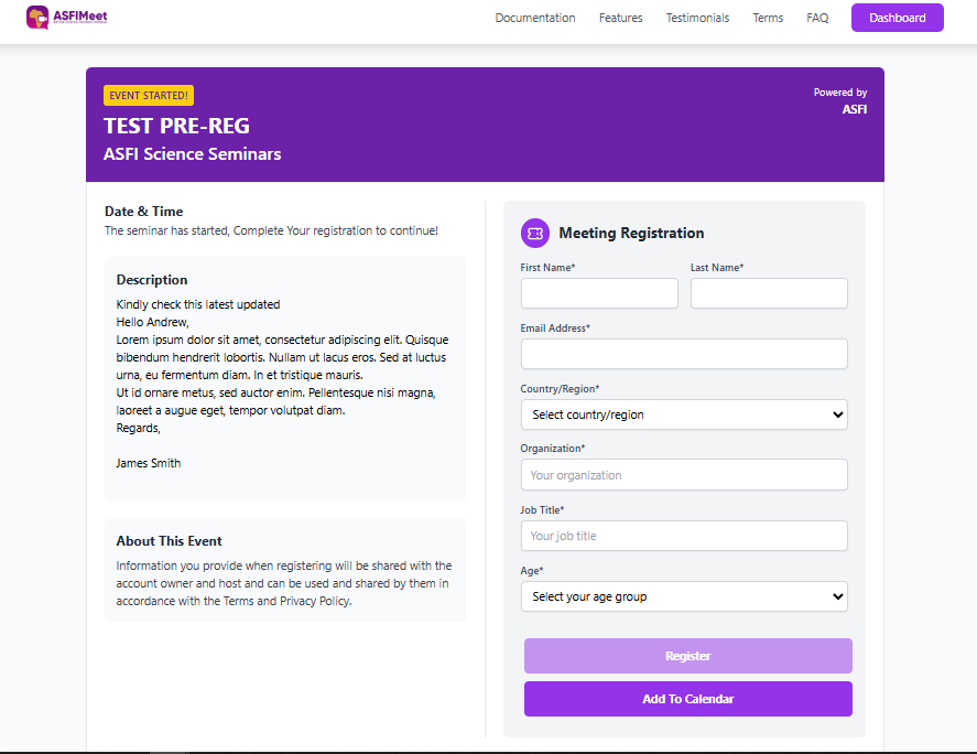Meeting registration form with name and email fields